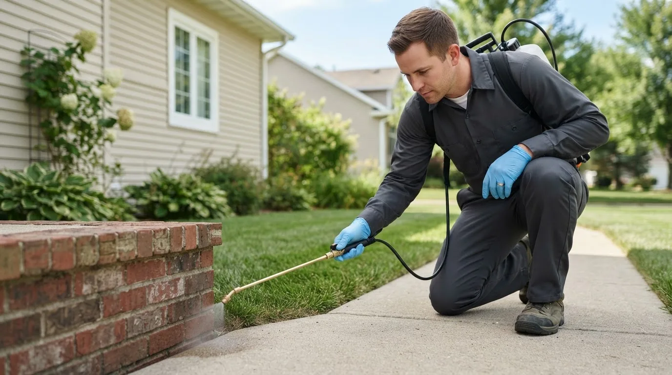 Pest control technician treating a home near Orleans, IN
